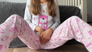 skinny babe in pajama masturbate small tits fingering pussy closeup and squirt orgasm